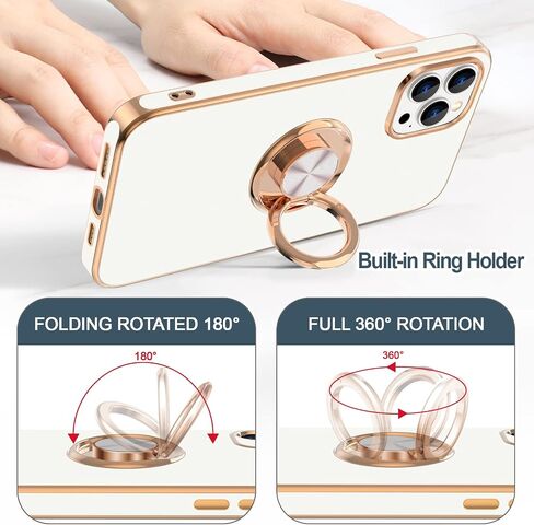 Hython for iPhone 14 Pro Max Case with Ring Stand [360° Rotatable Ring Holder Magnetic Kickstand] [Support Car Mount] Plated Gold Edge Slim Soft TPU Luxury Protective Phone Case Cover, White in Kuwait