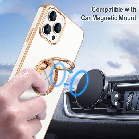Hython for iPhone 14 Pro Max Case with Ring Stand [360° Rotatable Ring Holder Magnetic Kickstand] [Support Car Mount] Plated Gold Edge Slim Soft TPU Luxury Protective Phone Case Cover, White in Kuwait