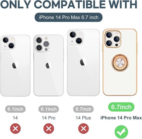 Hython for iPhone 14 Pro Max Case with Ring Stand [360° Rotatable Ring Holder Magnetic Kickstand] [Support Car Mount] Plated Gold Edge Slim Soft TPU Luxury Protective Phone Case Cover, White in Kuwait