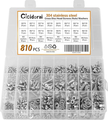 810 Pieces M3 M4 M5 M6 304 Stainless Steel Hex Socket Cap Metric Screws Bolts with Nuts, Washers and 1 Pcs Hex Key Wrenches i Pcs Tweezers Assortment Kit in Kuwait