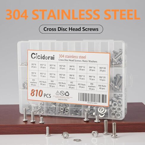 810 Pieces M3 M4 M5 M6 304 Stainless Steel Hex Socket Cap Metric Screws Bolts with Nuts, Washers and 1 Pcs Hex Key Wrenches i Pcs Tweezers Assortment Kit in Kuwait