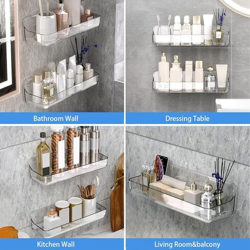 2pc Acrylic Wall Mount Organizer, Adhesive Shelf, Bathroom Shelves for Wall, Self Adhesive Organizer, Shower Caddies, No Drilling Hang Wall,with 3pack Tapes, for Bathroom, Kitchen, Living Room in Kuwait