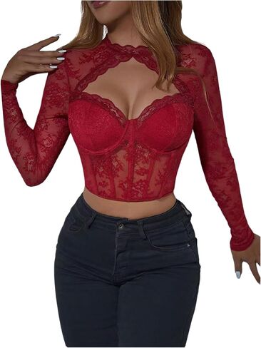 OYOANGLE Women's Contrast Lace Long Sleeve Stand Collar Cut Out Front Tops Slim Fit Sheer Crop Tops in Saudi Arabia
