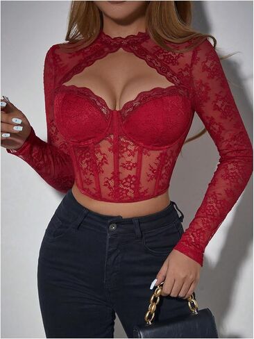 OYOANGLE Women's Contrast Lace Long Sleeve Stand Collar Cut Out Front Tops Slim Fit Sheer Crop Tops in Saudi Arabia