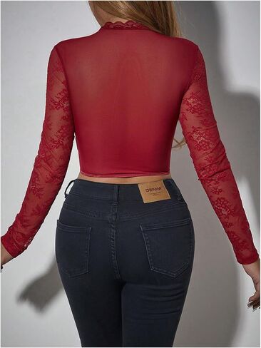 OYOANGLE Women's Contrast Lace Long Sleeve Stand Collar Cut Out Front Tops Slim Fit Sheer Crop Tops in Saudi Arabia