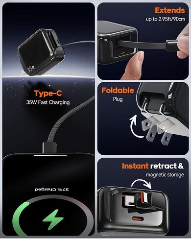 YKZ 35W شاحن جدار USB-C قابل للسحب ، كتلة شحن سريعة مع قابس قابل للطي وكابل من النوع C القابل للطي ، شاحن PD PD المزدوج لـ iPhone 16/15 ، Galaxy S23/S22 ، LG ، Compact for Travel & Home in Kuwait