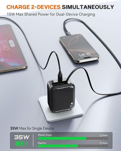 YKZ 35W شاحن جدار USB-C قابل للسحب ، كتلة شحن سريعة مع قابس قابل للطي وكابل من النوع C القابل للطي ، شاحن PD PD المزدوج لـ iPhone 16/15 ، Galaxy S23/S22 ، LG ، Compact for Travel & Home in Kuwait