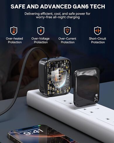 YKZ 35W شاحن جدار USB-C قابل للسحب ، كتلة شحن سريعة مع قابس قابل للطي وكابل من النوع C القابل للطي ، شاحن PD PD المزدوج لـ iPhone 16/15 ، Galaxy S23/S22 ، LG ، Compact for Travel & Home in Kuwait