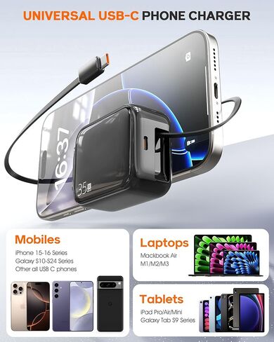 YKZ 35W شاحن جدار USB-C قابل للسحب ، كتلة شحن سريعة مع قابس قابل للطي وكابل من النوع C القابل للطي ، شاحن PD PD المزدوج لـ iPhone 16/15 ، Galaxy S23/S22 ، LG ، Compact for Travel & Home in Kuwait