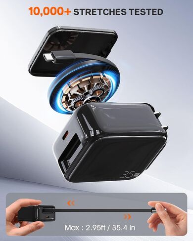 YKZ 35W شاحن جدار USB-C قابل للسحب ، كتلة شحن سريعة مع قابس قابل للطي وكابل من النوع C القابل للطي ، شاحن PD PD المزدوج لـ iPhone 16/15 ، Galaxy S23/S22 ، LG ، Compact for Travel & Home in Kuwait