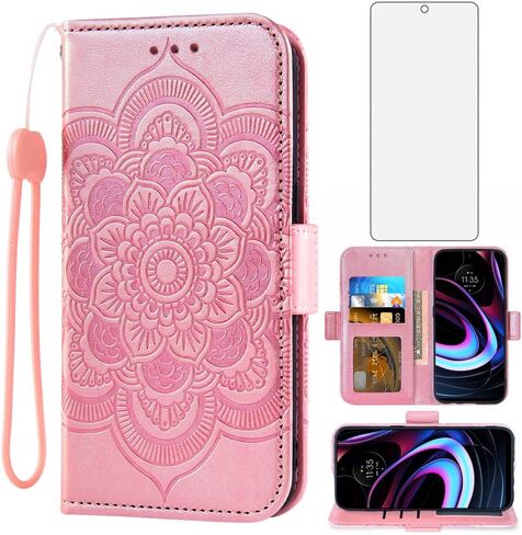 Asuwish Compatible with Motorola Moto Edge 2021/MotoEdge 5G UW Wallet Case and Tempered Glass Screen Protector Leather Flip Credit Card Holder Stand Cell Phone Cover for MotoEdge5GUW Women Rose Gold in Saudi Arabia