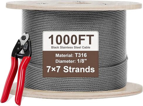 1000 قدم أسود T316 كابل من الفولاذ المقاوم للصدأ مع قاطع ، 1/8 "7x7 حبل سلك الأسلاك لمجموعة مجموعة حديدي سطح السفينة ، أضواء السلسلة ، درابزين الدرج ، قوة عالية للاستخدام الداخلي والخارجي in Kuwait