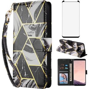 متوافق مع Samsung Galaxy S8 Plus Wallet Case و Glass Glass Protector Protector Leather Card Card Cover Kickstand Cover for S8Plus S 8 8Plus 8S Edge S8+ SM-G955U Women Men Black
