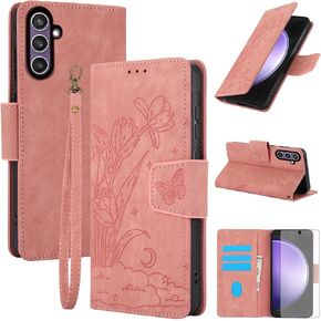 Asuwish Phone Case for Samsung Galaxy S23 FE 5G Wallet Cover with Tempered Glass Screen Protector Flip Wrist Strap Credit Card Holder Slot Stand Rugged Cell S 23 EF S23FE 23S Women Men Rose Gold