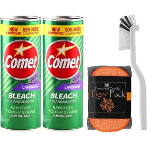Comet Cleaner Total Kitchen and Bathroom Cleaner Kit - Two 21 Oz Canisters Comet Cleanser Powder with Bleach - Tough Scrub Sponge - Scrub Brush - Foxtrot Microfiber Towel
