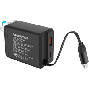 Total 125W Retractable Wall Charger with a USB-C Cable, Type-C Port and USB-A Port, 3 in 1 Fast Wall Charge Compatible with iPhone 16/15 Series, iPad, LG, Galaxy, Pixel, Laptop and More