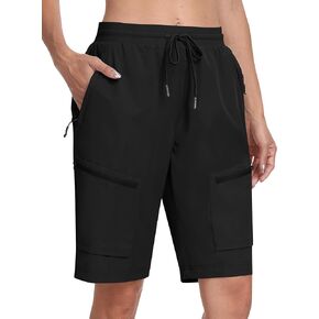 MoFiz Womens 10" Long Shorts for Women Knee Length Quick Dry Women Hiking Cargo Shorts Athletic Travel Golf with Zip Pockets