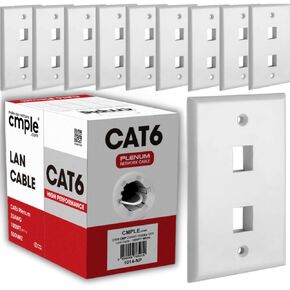 Cmple – White Cat 6 Plenum Ethernet Cable 1000ft 550MHz Bulk + 2 Port Keystone Outlet Cover 1 Gang Standard Ethernet Wall Plate for Home and Office, Fits RJ45 and HDMI Keystone Jack – White Bundle