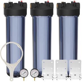 Max Water Whole House 20" x4.5" Purple Clear WH Water Filter Housing 1 inch Inlet/Outlet Ports with Wrench and Bracket (1 Housing) in Kuwait