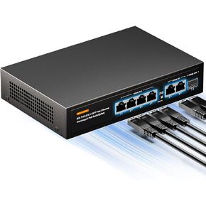 6 Port Gigabit PoE Switch, 4 PoE+ Ports and 2 Ethernet Uplink with 1 1000M SFP Slot, High Power PoE Port | Desktop Fanless Design | Plug & Play | Black Metal Housing