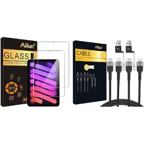 واقي شاشة Ailun متوافق مع iPad Mini 6 و 7 [8.3 بوصة] 2Pack زجاج مقسّر و USB C إلى Cable 2Pack و USB C إلى USB محول ذكور مع سلسلة المفاتيح