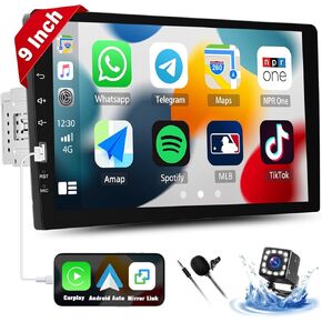 UNITOPSCI 9 Inch Single Din Touch Screen Car Stereo with Apple CarPlay Android Auto Bluetooth Car Radio with Backup Camera, FM/AM Radio Mirror Link USB EQ SWC Mic Audio Receiver