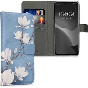 kwmobile Wallet Case Compatible with Samsung Galaxy A23 4G / 5G Case for Phone - Magnolias Taupe/White/Blue Grey
