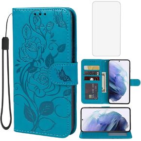 Case for Galaxy S21 5G Case, Samsung S21 SM-G991U Wallet Case with Tempered Glass Screen Protector, Flower Leather Flip Credit Card Holder Stand Phone Cover Cases for Samsung Galaxy S21 5G Red