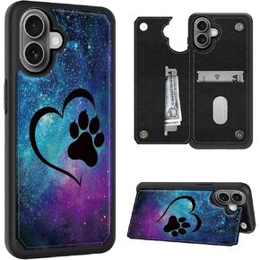 FUYOCWE Cases for iPhone 16 Wallet Phone Case with Card Holder,Galaxy Dog Pawprint Love PU Leather Kickstand Card Slot Cover for Men Women (Dual Magnetic Clasp+RFID Blocking)