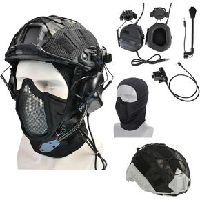 Airsoft Tactical Fast Helmet with Tactical Communication Headset Noise-Canceling/ U94 PTT Adapter/Microphone Set，Tactical Full Face Mask Headgear for Outdoor Sports CS Game