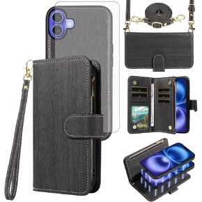 Asuwish Phone Case for iPhone 16 6.1 inch Zipper Wallet Magnetic Detachable Cell Cover with Tempered Glass Screen Protector Crossbody Lanyard Strap Card Holder i Phone16 i16 16Case Women Dark Purple