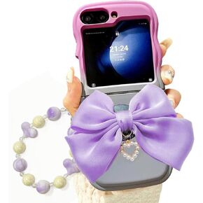 Cute Case for Samsung Galaxy Z Flip 6 2024 with Colorful Big Bow and Pearl Chain Curve Edge and Hinge Connection Design (Deep Pink)