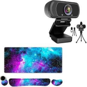 1080P Webcam with Microphone HD Webcam Web Camera with Tripod Stand, Gaming Mouse Pad Wrist Support 4 in1 Set XXL Large Mouse Pad