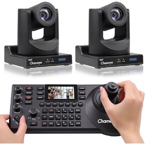 Chameye NDI PTZ Camera 30x Optical Zoom AI Auto Tracking PTZ Camera Kits + PTZ Camera Controller for Church Worship Education Events, C730Nx2+E300