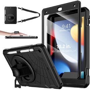 for iPad 9th Generation 2021/ iPad 8th Generation 2020/ iPad 7th Generation 2019 Case, with Screen Protector, Pencil Holder [360° Rotating Hand Strap] & Stand, for iPad 10.2 inch(Black/SkyBlue)