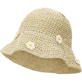 Gllutt Women Straw Sun Hat Foldable Beach Hat Wide Brim Floppy Bucket Hat with Small Flower (Beige-White Flower)