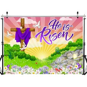 7X5FT Easter Backdrop He is Risen Backdrop Religious Happy Easter Backdrop Party Decorations Supplies Crucifixion Floral Fence Grassland Background for Photography Photo Studio Props DH-1109
