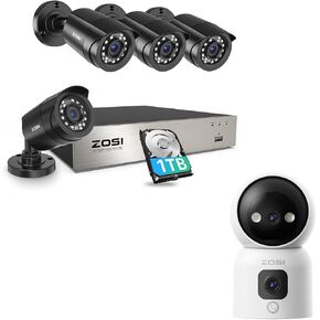 ZOSI 3K Lite Security Camera System with AI Human Vehicle Detection,8CH HD TVI Video DVR Recorder with 4X HD Weatherproof CCTV Cameras,Remote Access,1TB Hard Drive&C528D 2K Dual-Lens Indoor Camera