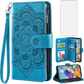 Asuwish Phone Case for Samsung Galaxy A21 Wallet Cover with Tempered Glass Screen Protector and Flower Leather Flip Credit Card Holder Stand Folio Purse Slot Cell Accessories 21A 2020 Women Men Green