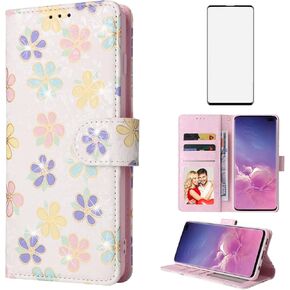 Asuwish Phone Case for Samsung Galaxy S10 Plus Wallet Purse Cell Flip Cover with Tempered Glass Screen Protector Flower Card Holder Slot Stand S10+ S10plus 10S Edge S 10 10plus Women Men Blossoming
