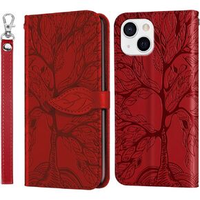 Compatible with iPhone 15 Wallet Case Women Leather Flip with Wrist Strap Kickstand Magnetic with Card Holder Adjustable Stand Protective Case for iPhone 15 6.1 inch Life Tree Blue
