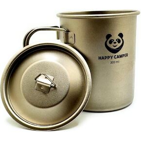 Happy Camper Ultralight Titanium Mug with Lid and Net Drawstring Bag, 300 ml - High Strength Cup for Camping, Backpacking, Hiking, and Backyard Use