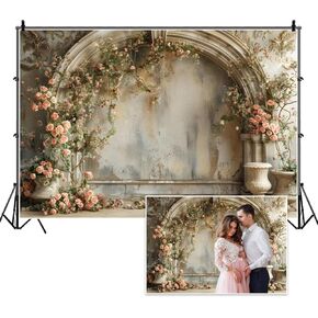 7x5ft Vintage Wedding Backdrops Pink Rose Flower Spring Floral Wall Retro Medieval Building Photo Background for Mothers Day Bridal Shower Baby Shower Birthday Girls Women Couples Portrait