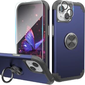IDweel for iPhone 15 Case with Screen Protector + 360°Ring Holder Stand +Camera Lens Protector,2 in 1 Shockproof Slim Fit Hybrid Heavy Duty Hard PC Cover Soft Silicone Bumper Full Body Case,Rose Gold