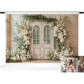 Kate Spring Flowers Photography Backdrops Door Foral White Brick Wall Wedding Birthday Photo Studio Props, 7x5ft