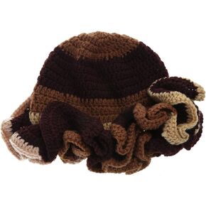 Bucket Hat Handmade Crochet Bucket Hat for Woman Outdoor Commute Fisherman Hat Ruffled Brim Winter Windproof Hat, Size: Approx. 56-58cm/ 22.05-23.23in, Gradient Brown