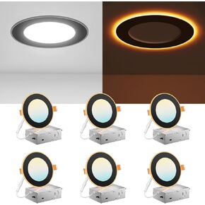 Amico 6 Pack 6 Inch 5CCT LED Recessed Ceiling Light with Night Light, 2700K/3000K/3500K/4000K/5000K Selectable Ultra-Thin Recessed Lighting, 12W=110W, 1100LM, Dimmable Canless Wafer Downlight ETL&FCC