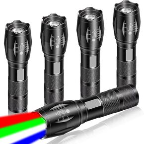 5 Pack Red Flashlight Rechargeable, Green Light Flashlight, Blue Light Flashlight，Long Range Powerful, 4 in 1 Multi-Color, White, Red, Blue and Green Lights, 4 Color Modes for Camping,Outdoor
