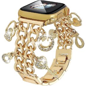 Metal Band Women Compatible with Apple Watch Bands 42 44 45 46 49mm 38 40 41mm,Stylish Cuban Chain Wristband with Cute Charms Pendants for iWatch Series 10 9 8 7 6 5 4 3 SE Ultra 2