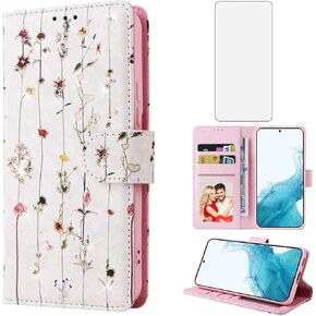 Asuwish Phone Case for Samsung Galaxy S22 5G Wallet Cell Flip Cover with Tempered Glass Screen Protector Flower Card Holder Slot Stand Lanyard S 22 22S 4G G5 6.1 inch Women Men Dried Flower
